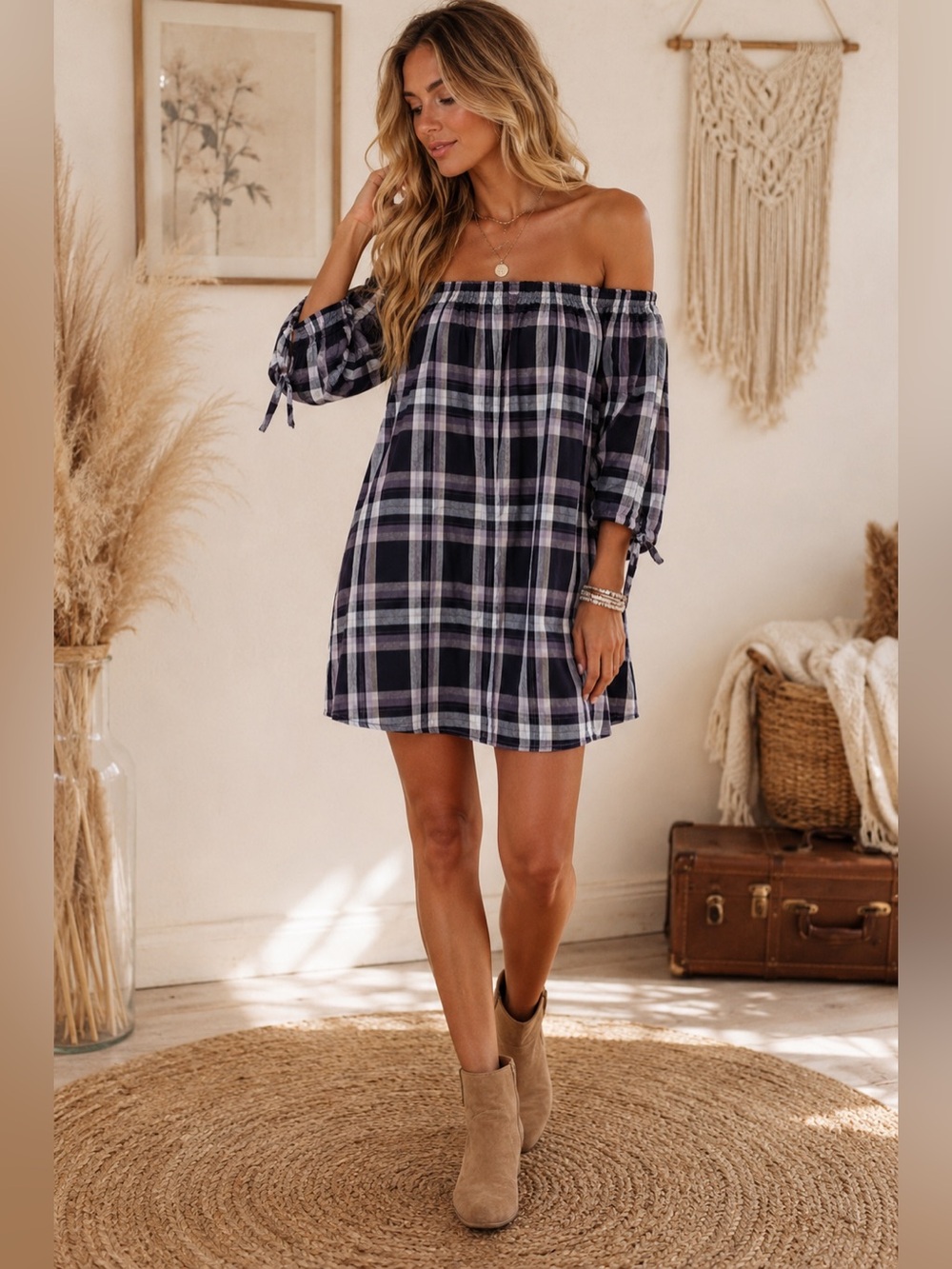 Knox Rose Navy Plaid Off-Shoulder Mini Dress